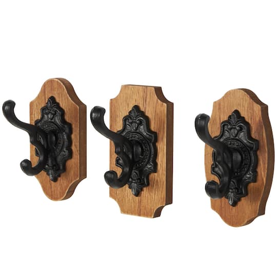 Brown Wooden Fleur De Lis Vintage Inspired Home Wall Hook with Black Metal Hooks & Curved Edges Set